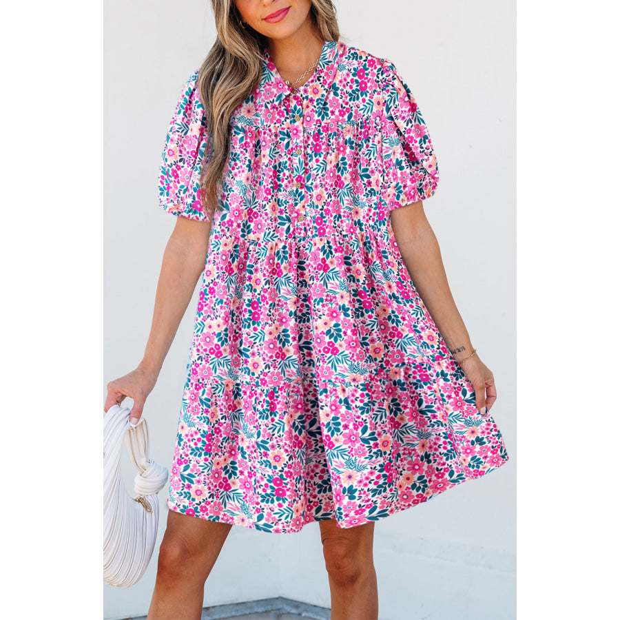 Pink Floral Collared Half Placket Short Sleeve Loose Dress Pink / S / 100% Polyester Dresses/Floral Dresses