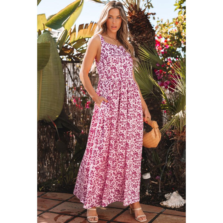 Pink Floral Cutout Back Empire Waist Sleeveless Maxi Dress Dresses/Maxi Dresses