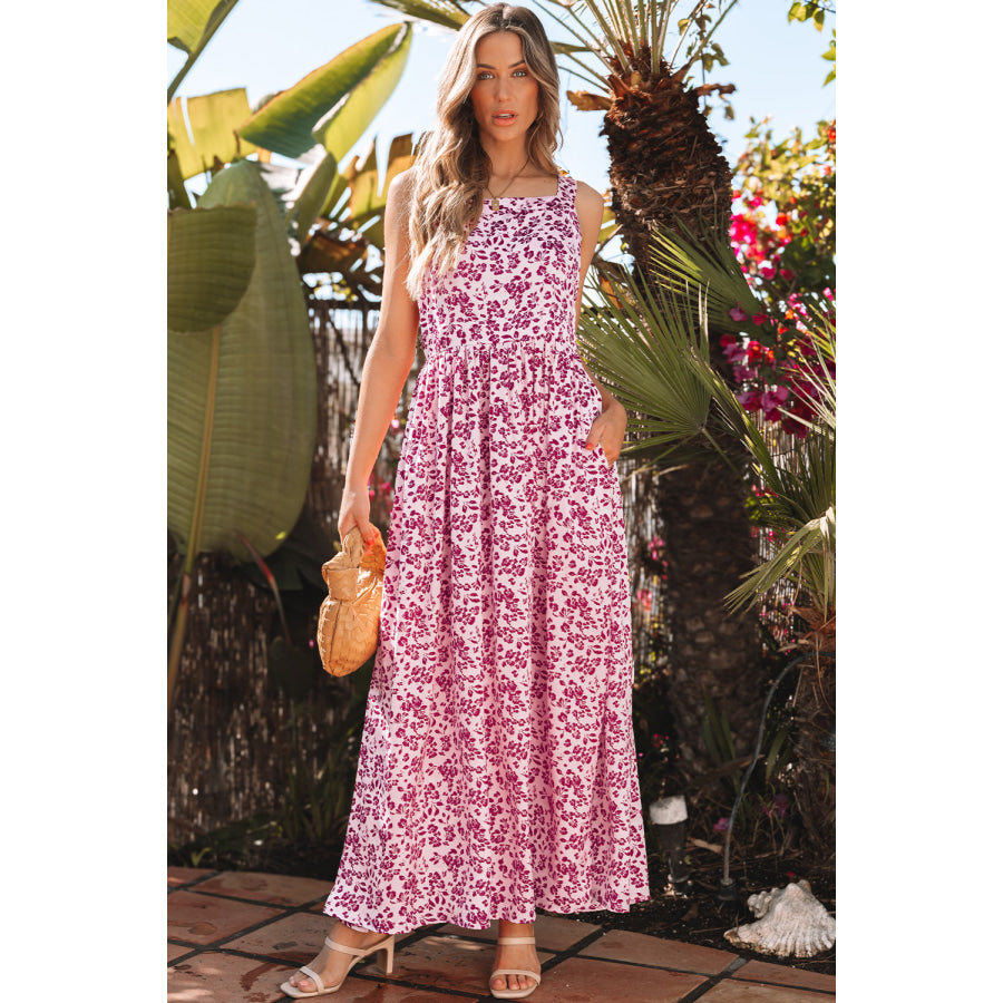 Pink Floral Cutout Back Empire Waist Sleeveless Maxi Dress Dresses/Maxi Dresses