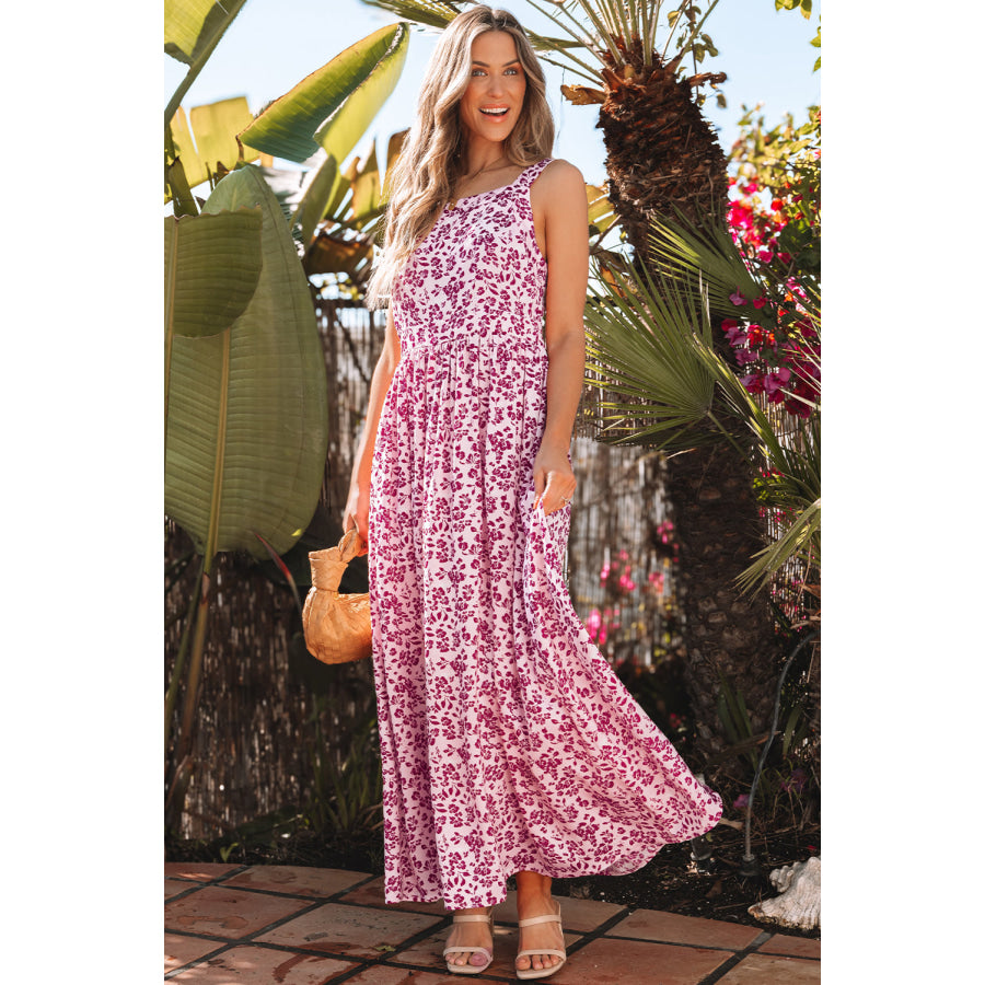 Pink Floral Cutout Back Empire Waist Sleeveless Maxi Dress Pink / S / 100% Polyester Dresses/Maxi Dresses