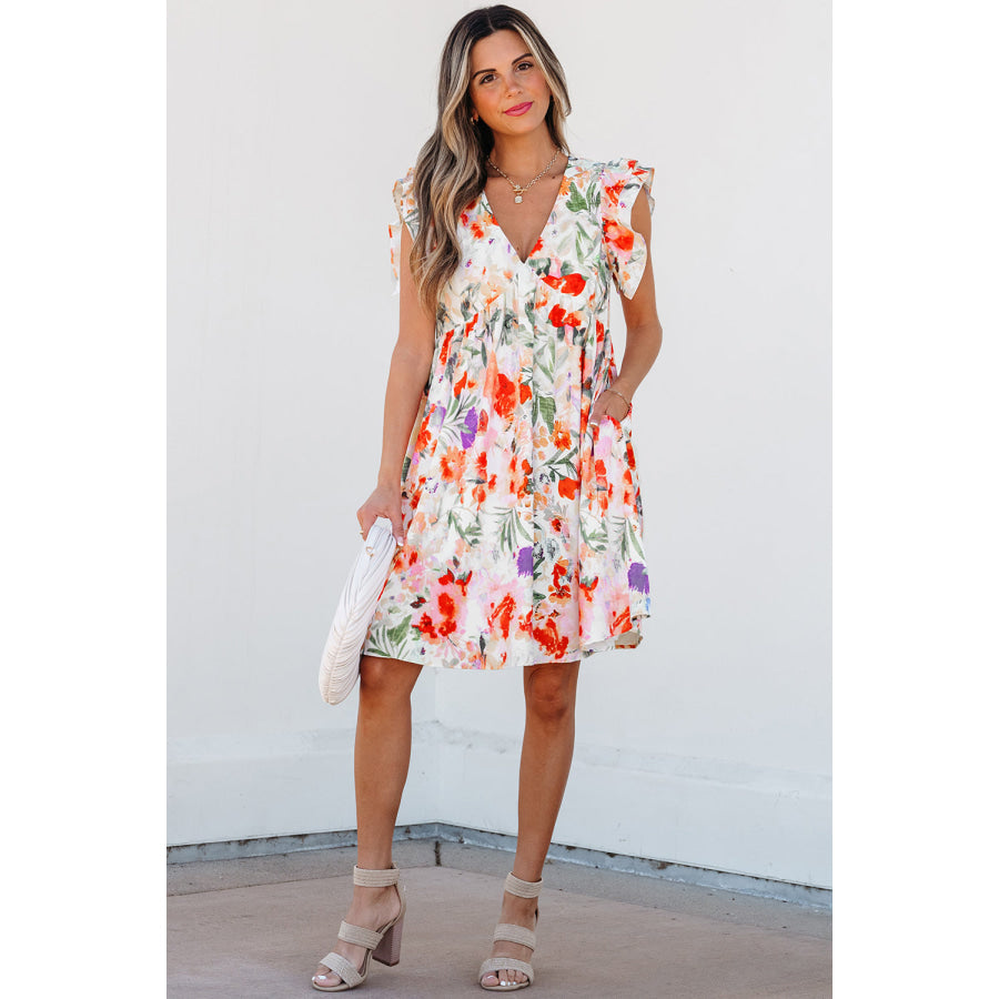 Pink Floral Double Ruffle Sleeve V Neck High Waist Mini Dress Dresses/Floral Dresses