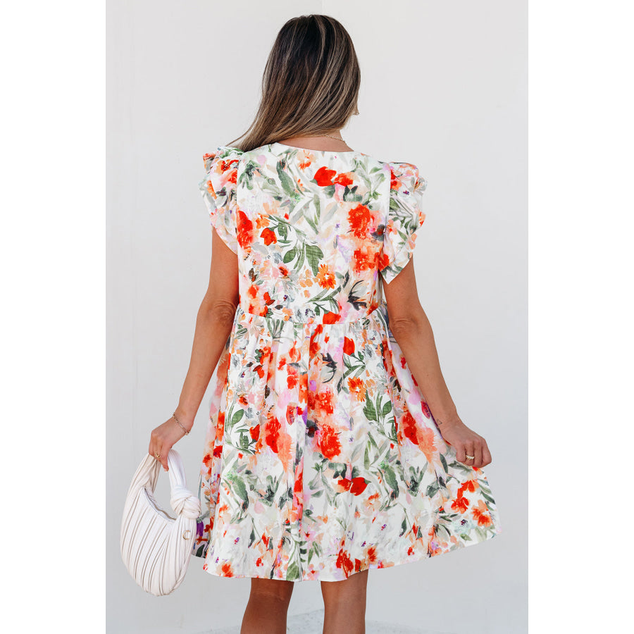 Pink Floral Double Ruffle Sleeve V Neck High Waist Mini Dress Dresses/Floral Dresses