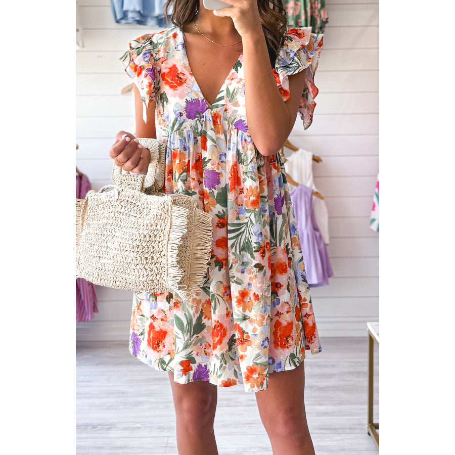 Pink Floral Double Ruffle Sleeve V Neck High Waist Mini Dress Dresses/Floral Dresses