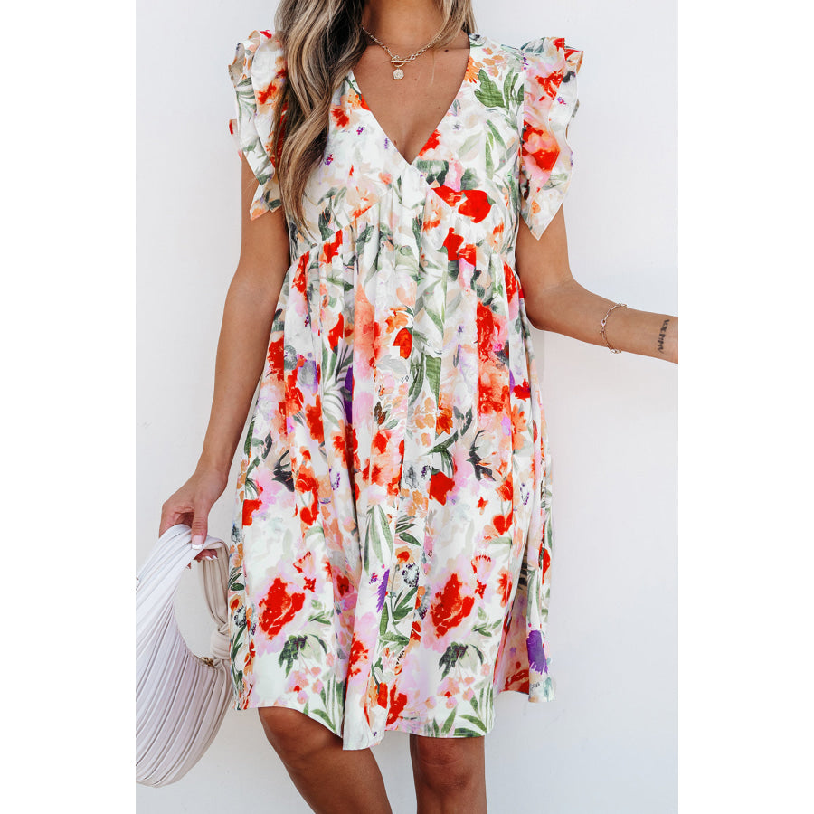 Pink Floral Double Ruffle Sleeve V Neck High Waist Mini Dress Dresses/Floral Dresses