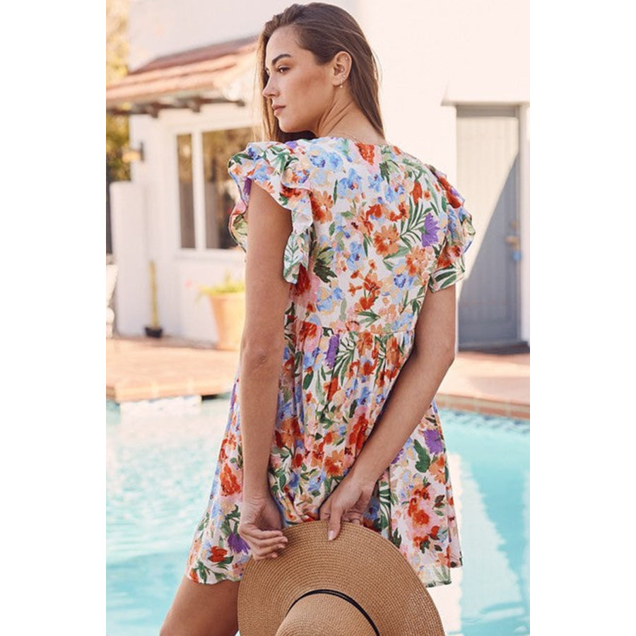 Pink Floral Double Ruffle Sleeve V Neck High Waist Mini Dress Dresses/Floral Dresses