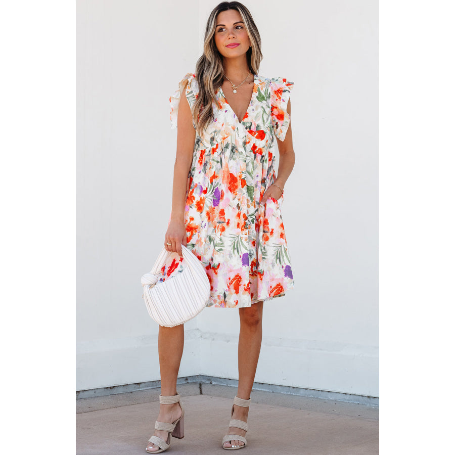 Pink Floral Double Ruffle Sleeve V Neck High Waist Mini Dress Dresses/Floral Dresses