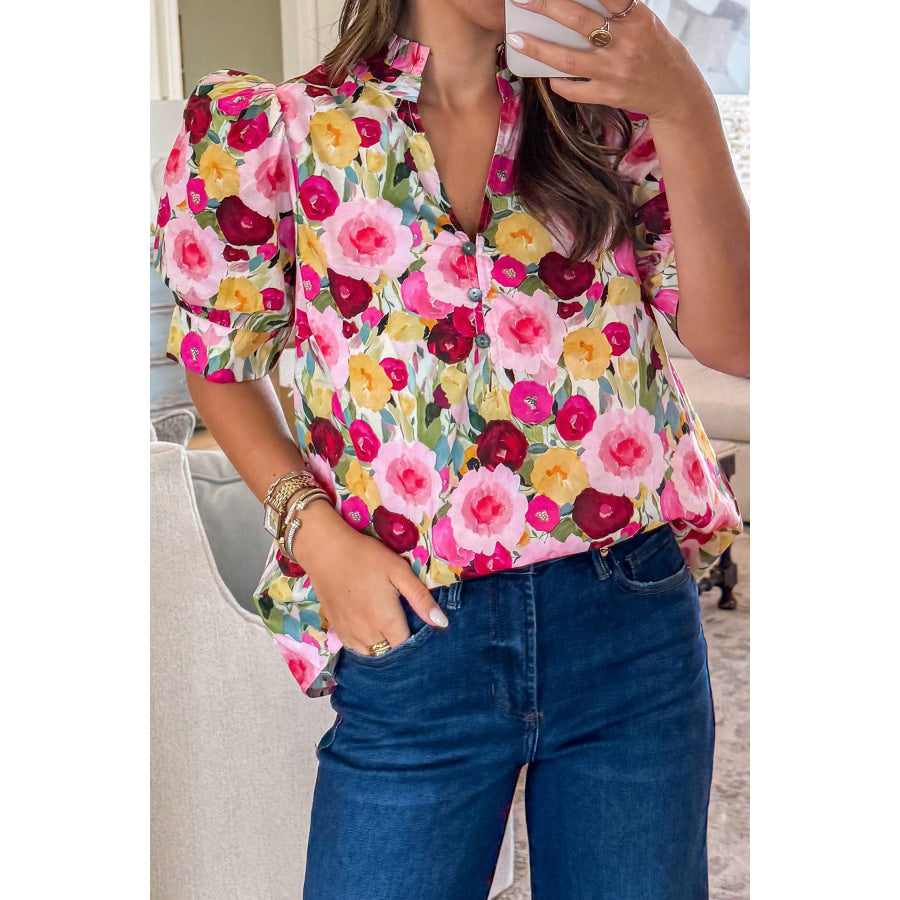 Pink Floral Frilled V Neck Puff Short Sleeve Blouse Pink / S / 55% Cotton + 45% Viscose Tops/Blouses & Shirts