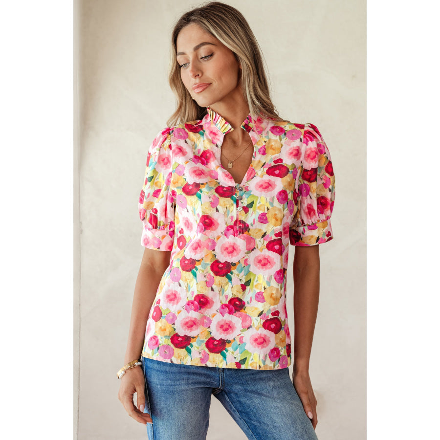 Pink Floral Frilled V Neck Puff Short Sleeve Blouse Tops/Blouses & Shirts