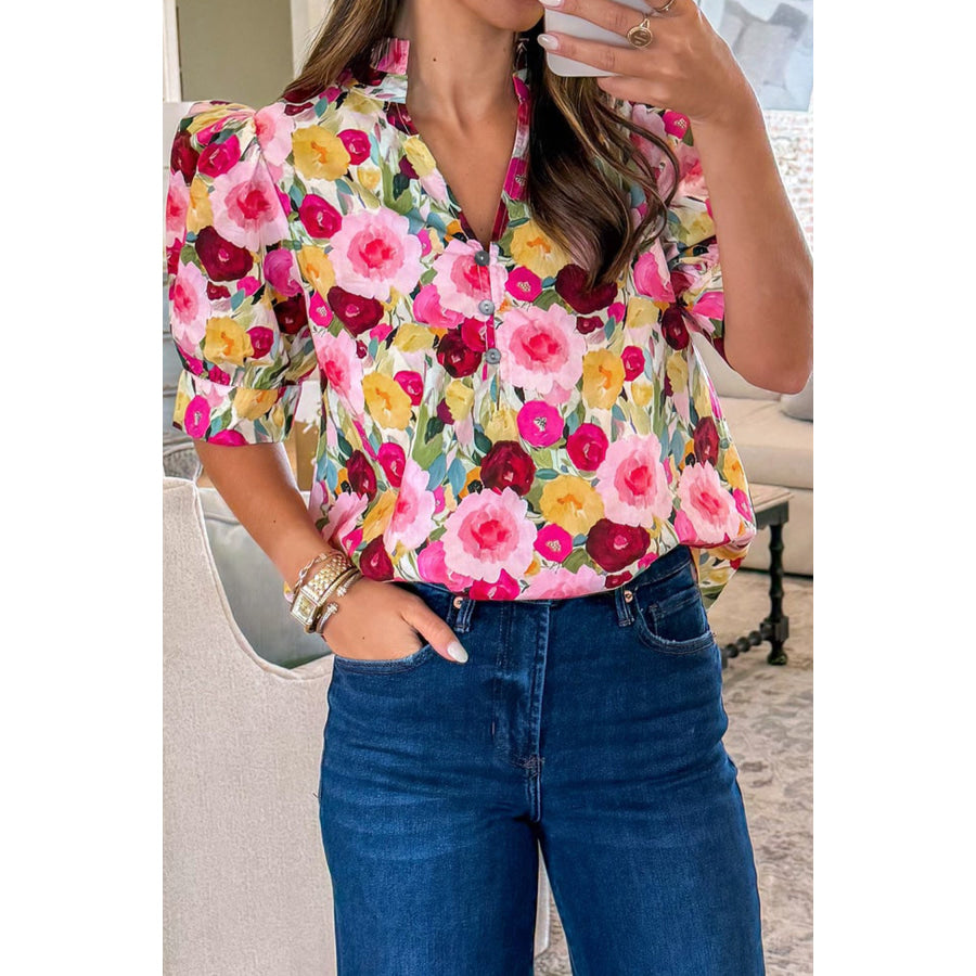 Pink Floral Frilled V Neck Puff Short Sleeve Blouse Tops/Blouses & Shirts