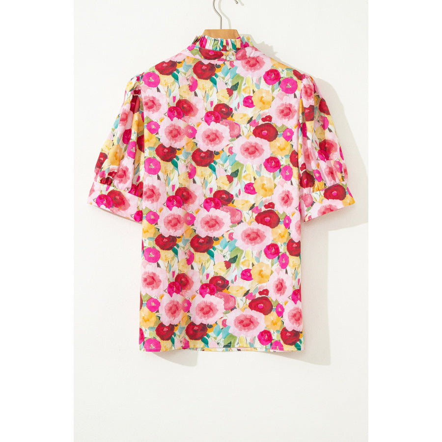 Pink Floral Frilled V Neck Puff Short Sleeve Blouse Tops/Blouses & Shirts