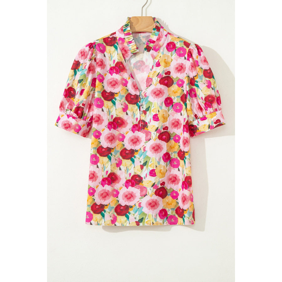 Pink Floral Frilled V Neck Puff Short Sleeve Blouse Tops/Blouses & Shirts