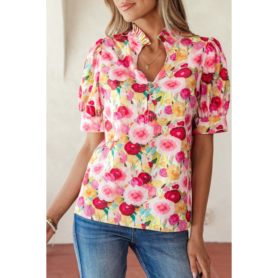 Pink Floral Frilled V Neck Puff Short Sleeve Blouse Tops/Blouses & Shirts