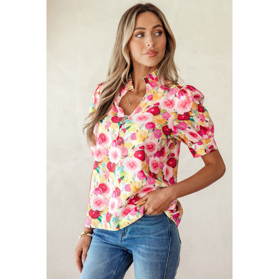 Pink Floral Frilled V Neck Puff Short Sleeve Blouse Tops/Blouses & Shirts