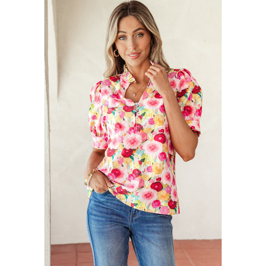 Pink Floral Frilled V Neck Puff Short Sleeve Blouse Tops/Blouses & Shirts