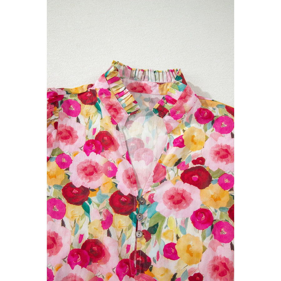 Pink Floral Frilled V Neck Puff Short Sleeve Blouse Tops/Blouses & Shirts
