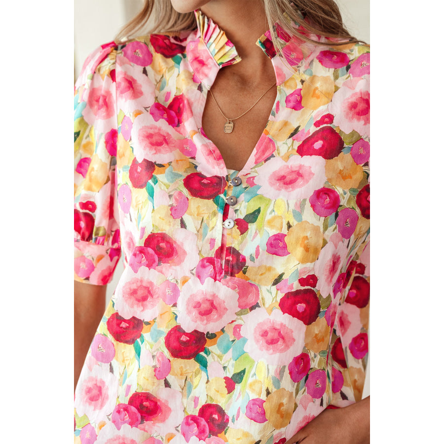 Pink Floral Frilled V Neck Puff Short Sleeve Blouse Tops/Blouses & Shirts