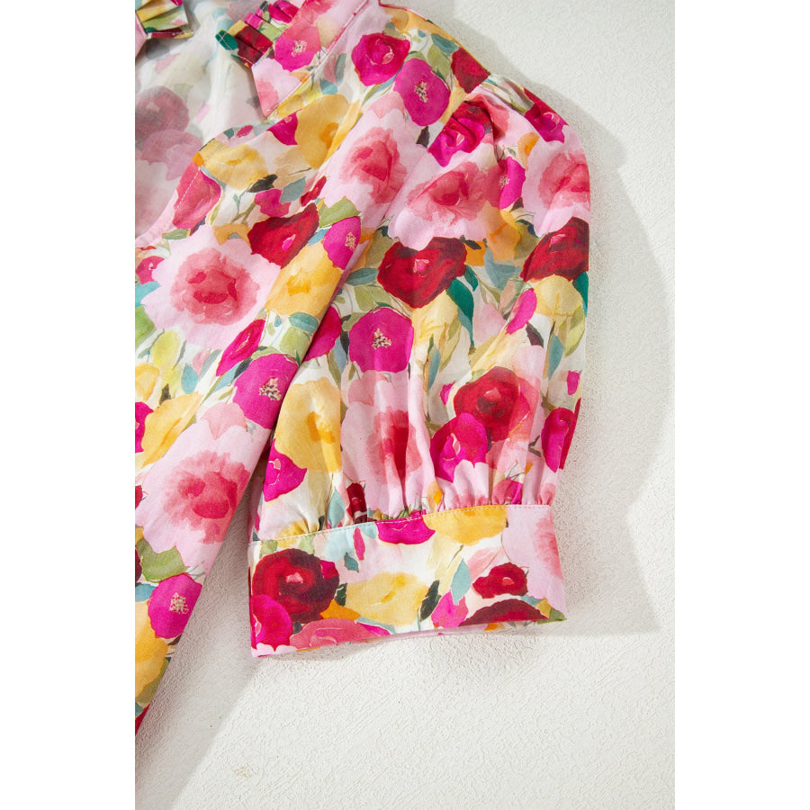 Pink Floral Frilled V Neck Puff Short Sleeve Blouse Tops/Blouses & Shirts