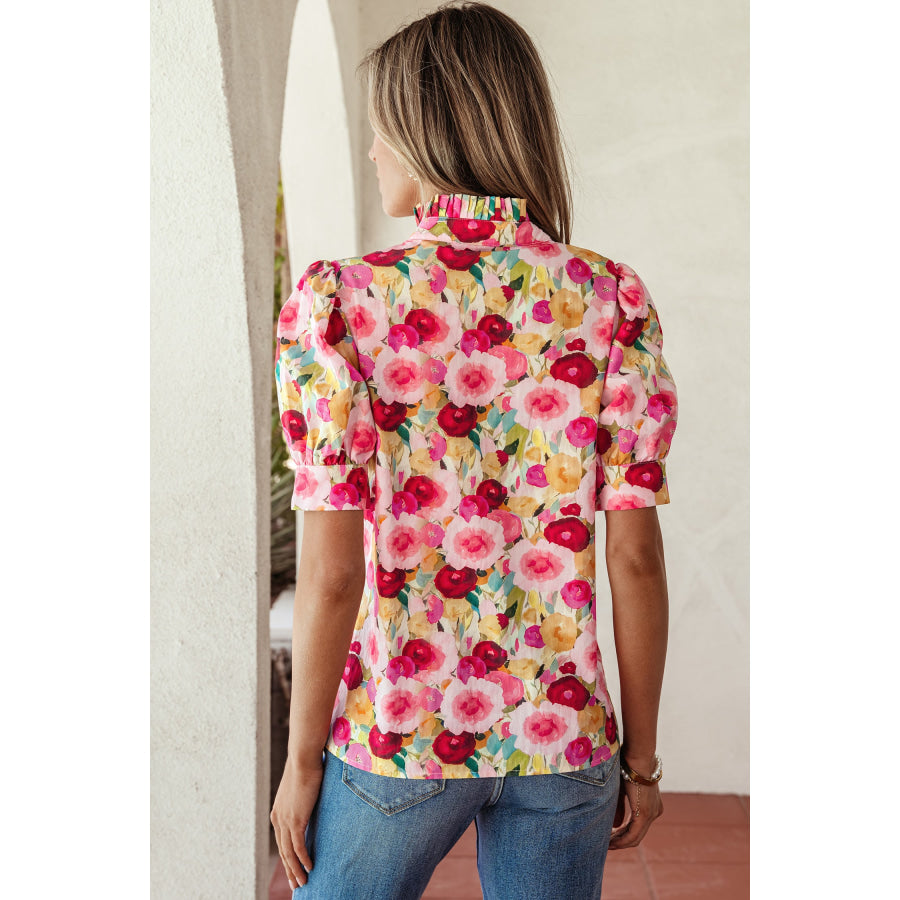 Pink Floral Frilled V Neck Puff Short Sleeve Blouse Tops/Blouses & Shirts