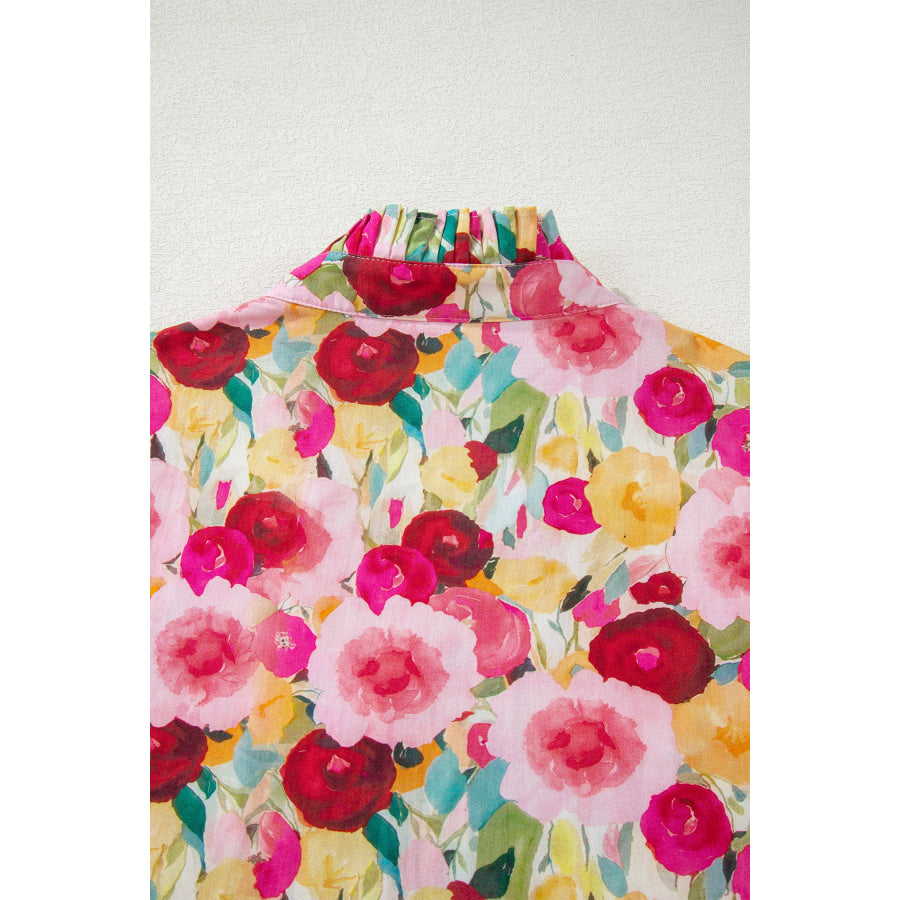 Pink Floral Frilled V Neck Puff Short Sleeve Blouse Tops/Blouses & Shirts