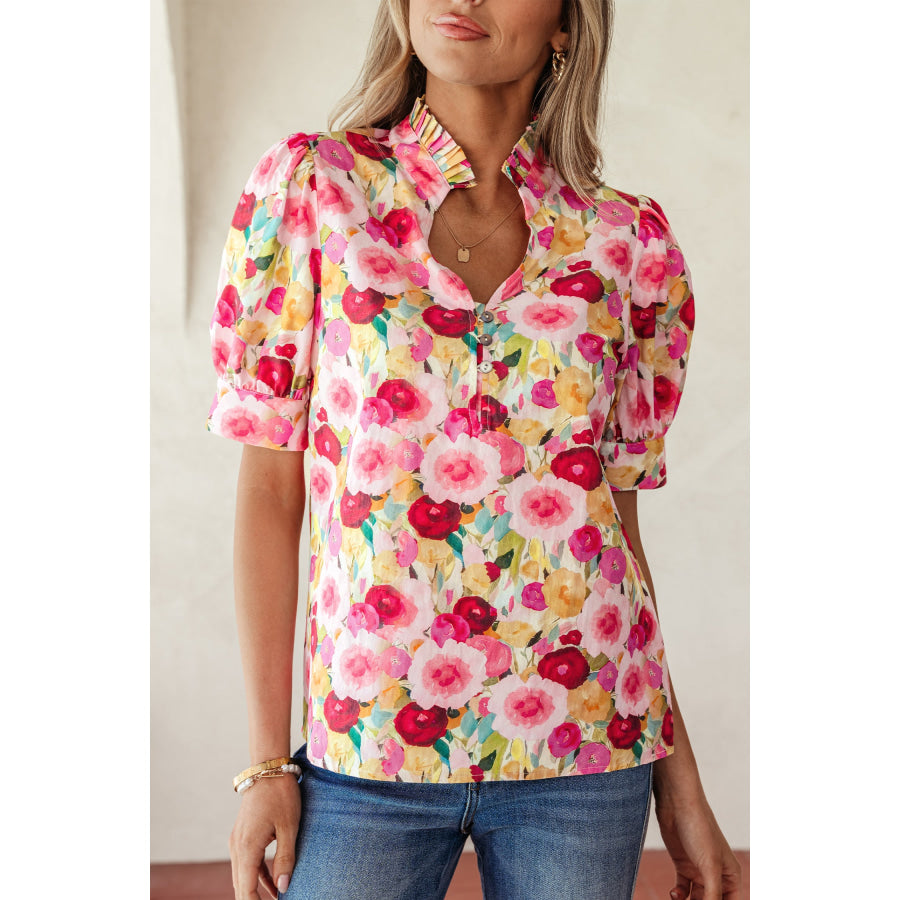 Pink Floral Frilled V Neck Puff Short Sleeve Blouse Tops/Blouses & Shirts