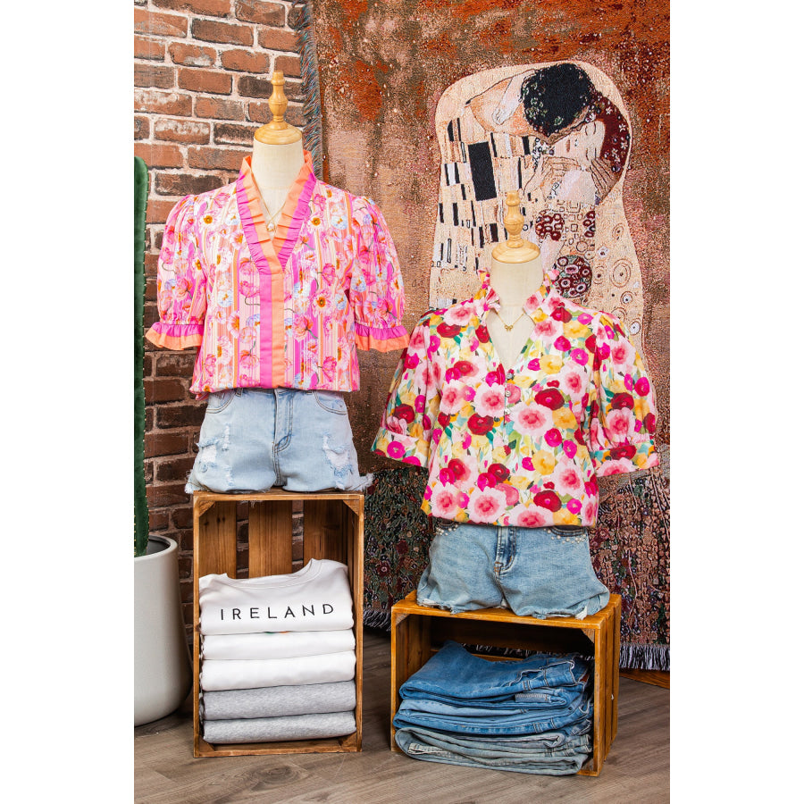 Pink Floral Frilled V Neck Puff Short Sleeve Blouse Tops/Blouses & Shirts