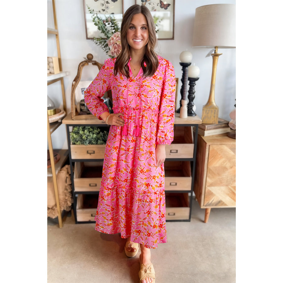 Pink Floral Long Sleeve Tassel Tied V Neck Maxi Dress Dresses/Maxi Dresses