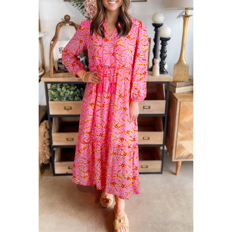Pink Floral Long Sleeve Tassel Tied V Neck Maxi Dress Pink / S / 100% Viscose Dresses/Maxi Dresses