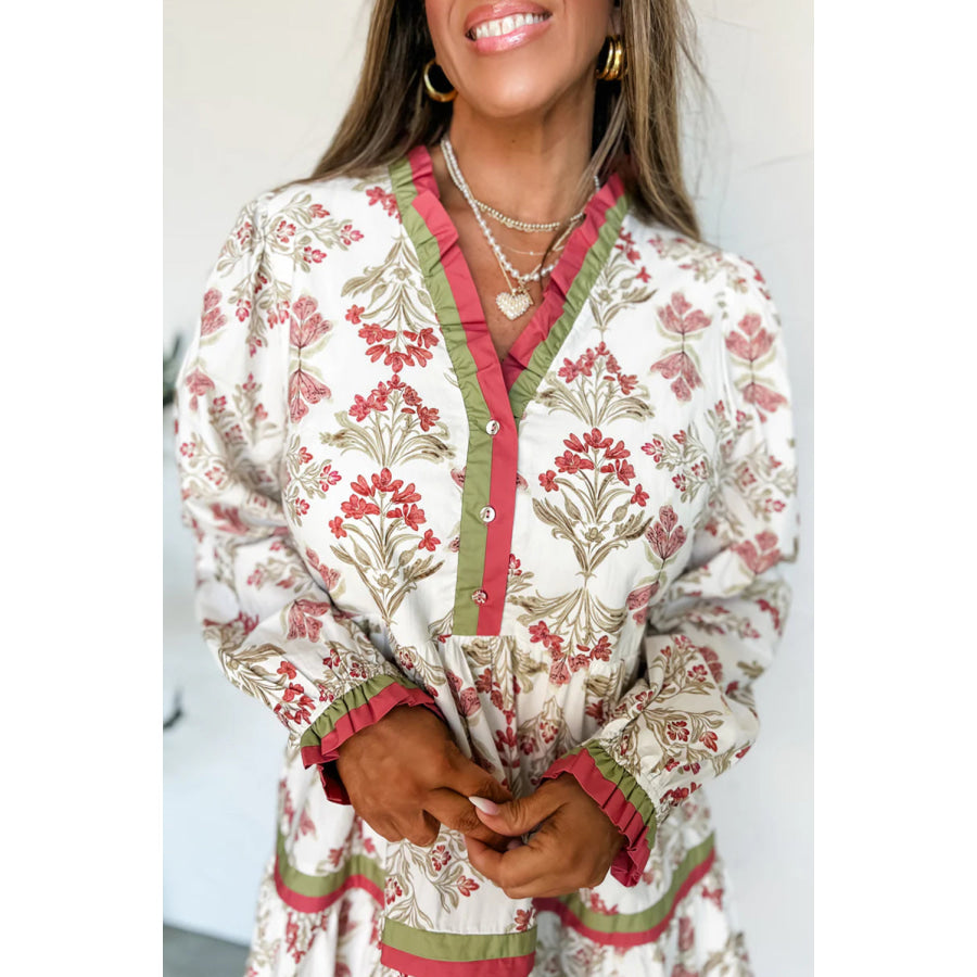 Pink Floral Print Contrast Trim Frilled Neck Long Sleeve Flared Dress Dresses/Floral Dresses