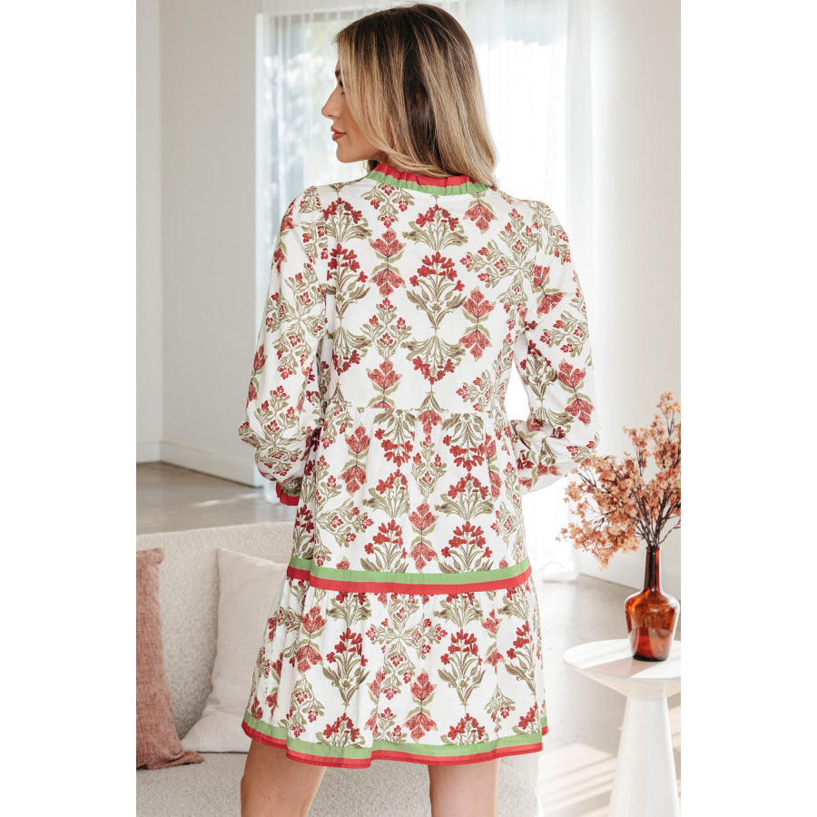 Pink Floral Print Contrast Trim Frilled Neck Long Sleeve Flared Dress Dresses/Floral Dresses