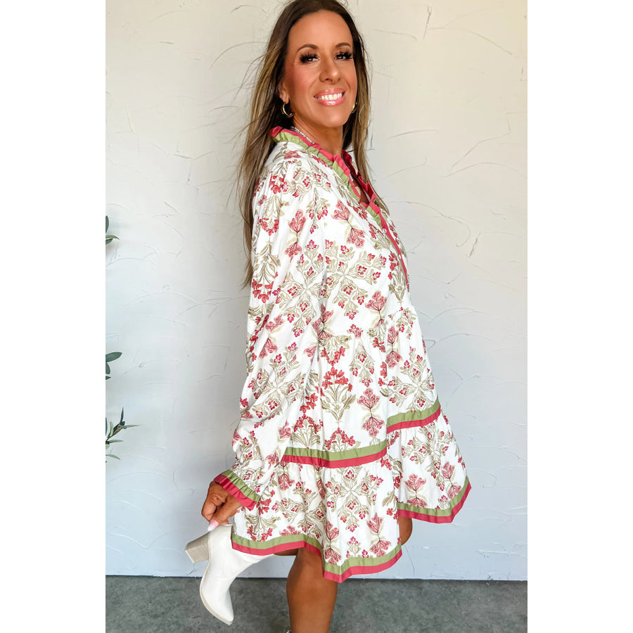 Pink Floral Print Contrast Trim Frilled Neck Long Sleeve Flared Dress Dresses/Floral Dresses