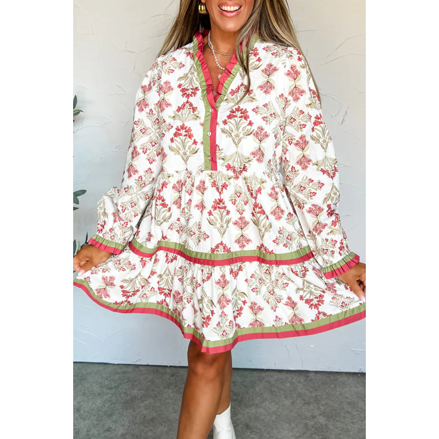 Pink Floral Print Contrast Trim Frilled Neck Long Sleeve Flared Dress Dresses/Floral Dresses
