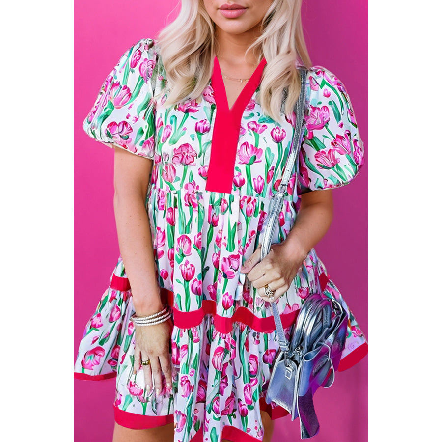 Pink Floral Print Contrast Trim V Neck Bubble Short Sleeve Babydoll Dress Dresses/Floral Dresses