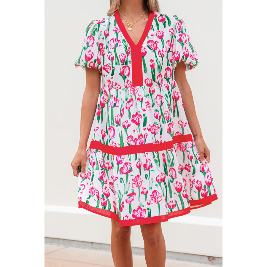 Pink Floral Print Contrast Trim V Neck Bubble Short Sleeve Babydoll Dress Dresses/Floral Dresses