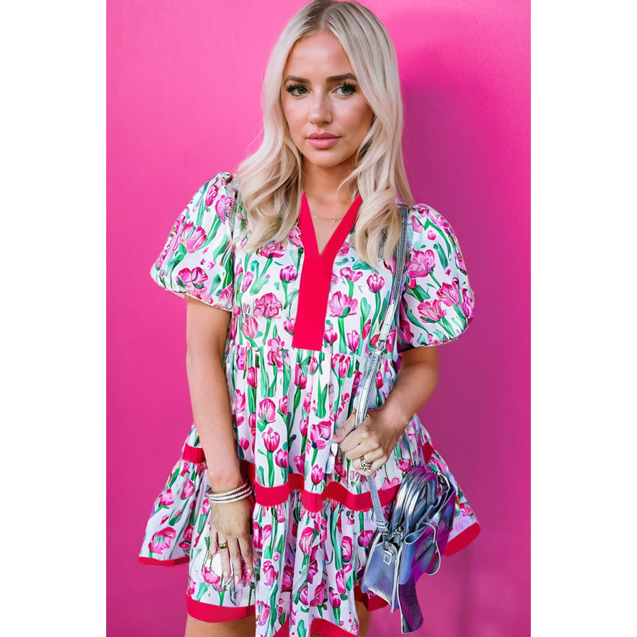 Pink Floral Print Contrast Trim V Neck Bubble Short Sleeve Babydoll Dress Dresses/Floral Dresses
