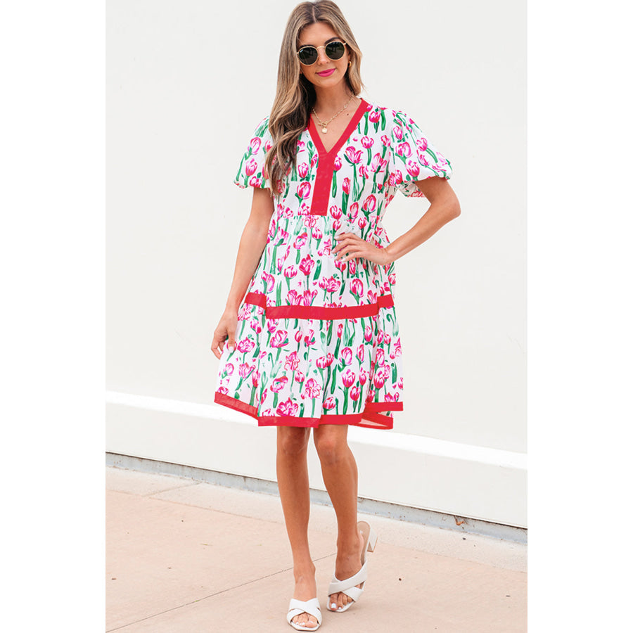 Pink Floral Print Contrast Trim V Neck Bubble Short Sleeve Babydoll Dress Dresses/Floral Dresses