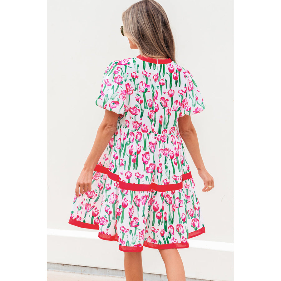 Pink Floral Print Contrast Trim V Neck Bubble Short Sleeve Babydoll Dress Dresses/Floral Dresses