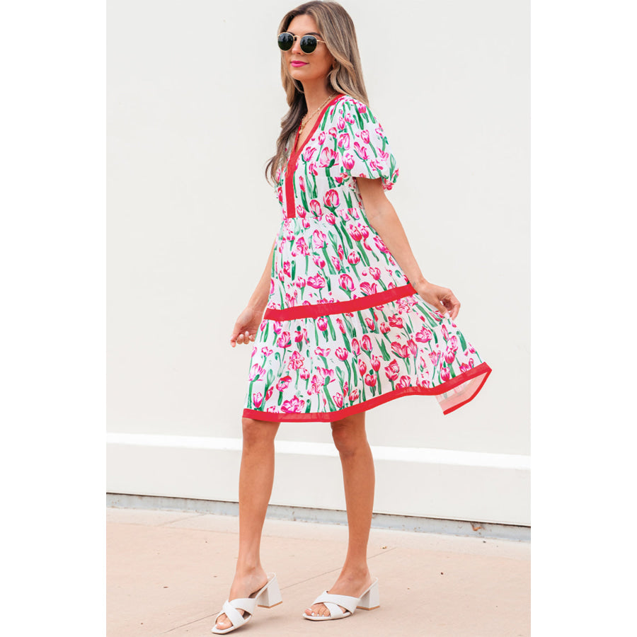Pink Floral Print Contrast Trim V Neck Bubble Short Sleeve Babydoll Dress Dresses/Floral Dresses