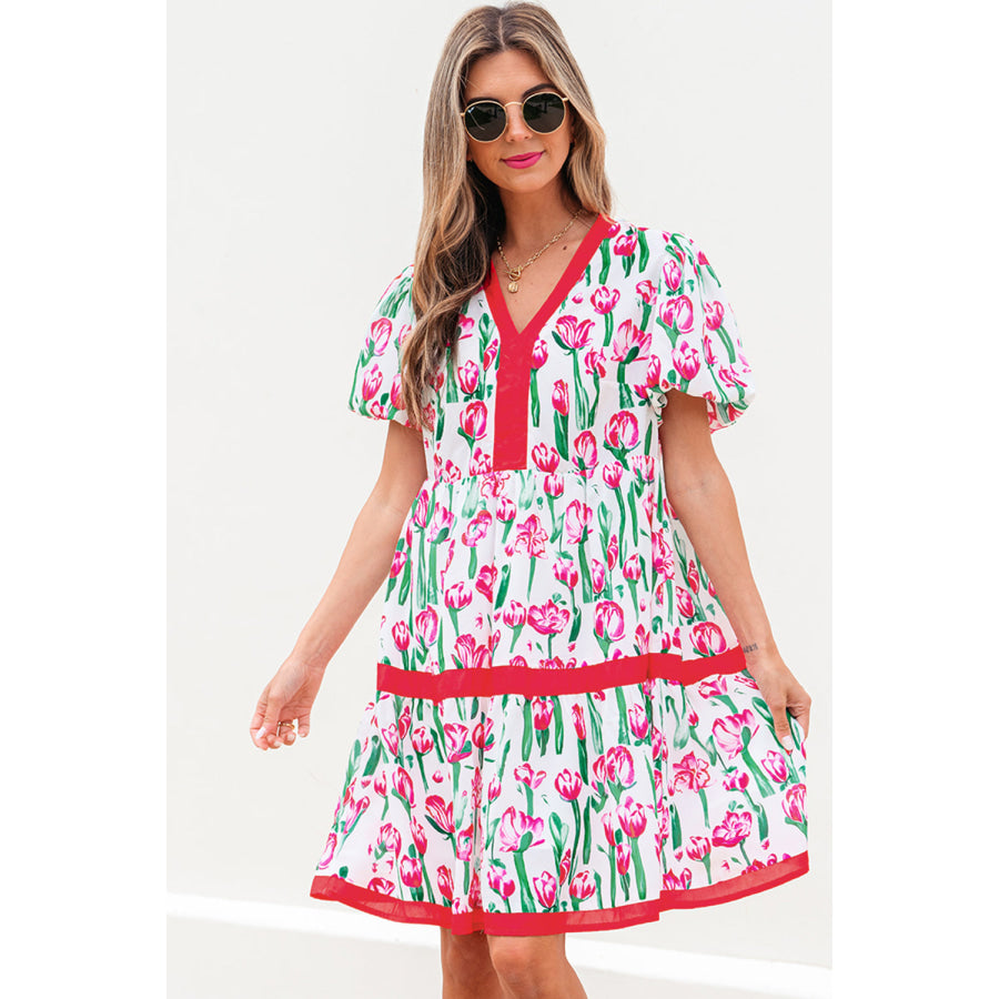 Pink Floral Print Contrast Trim V Neck Bubble Short Sleeve Babydoll Dress Pink / S / 100% Polyester Dresses/Floral Dresses