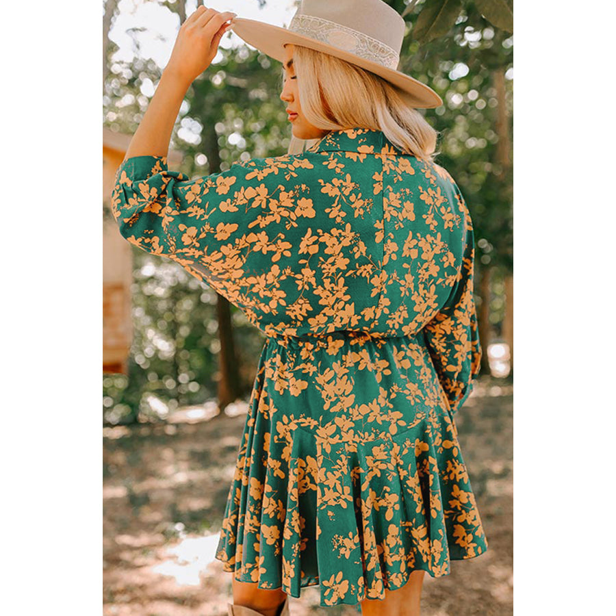 Pink Floral Print Drawstring Tunic Flowy Short Dress Dresses/Floral Dresses