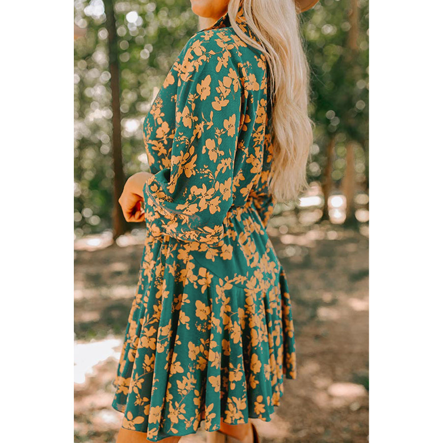 Pink Floral Print Drawstring Tunic Flowy Short Dress Dresses/Floral Dresses