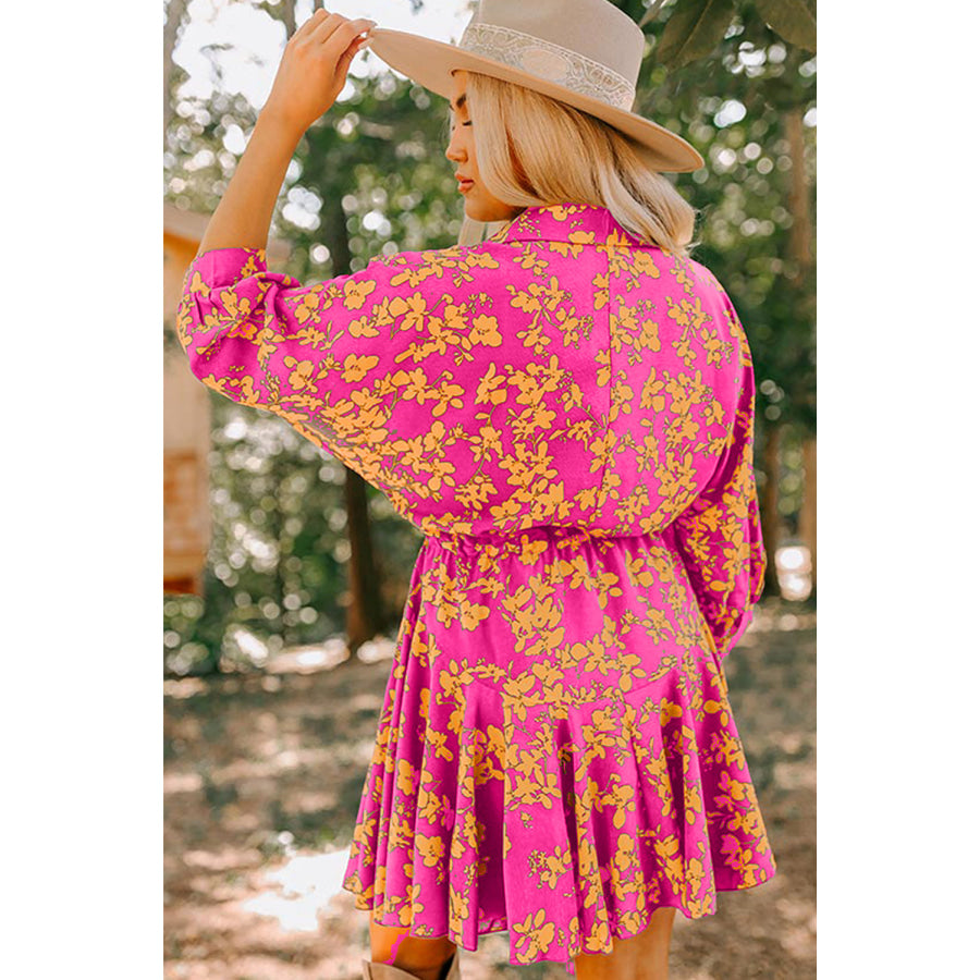 Pink Floral Print Drawstring Tunic Flowy Short Dress Dresses/Floral Dresses