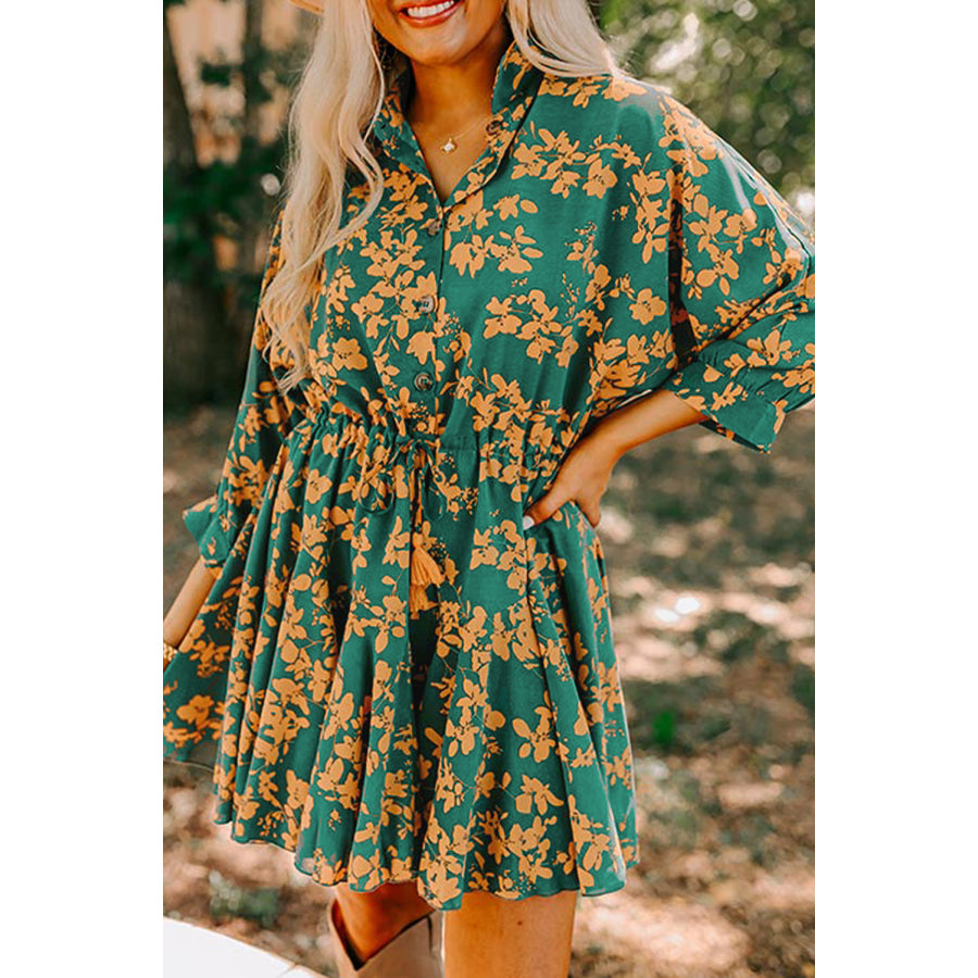 Pink Floral Print Drawstring Tunic Flowy Short Dress Green / S / 100% Polyester Dresses/Floral Dresses
