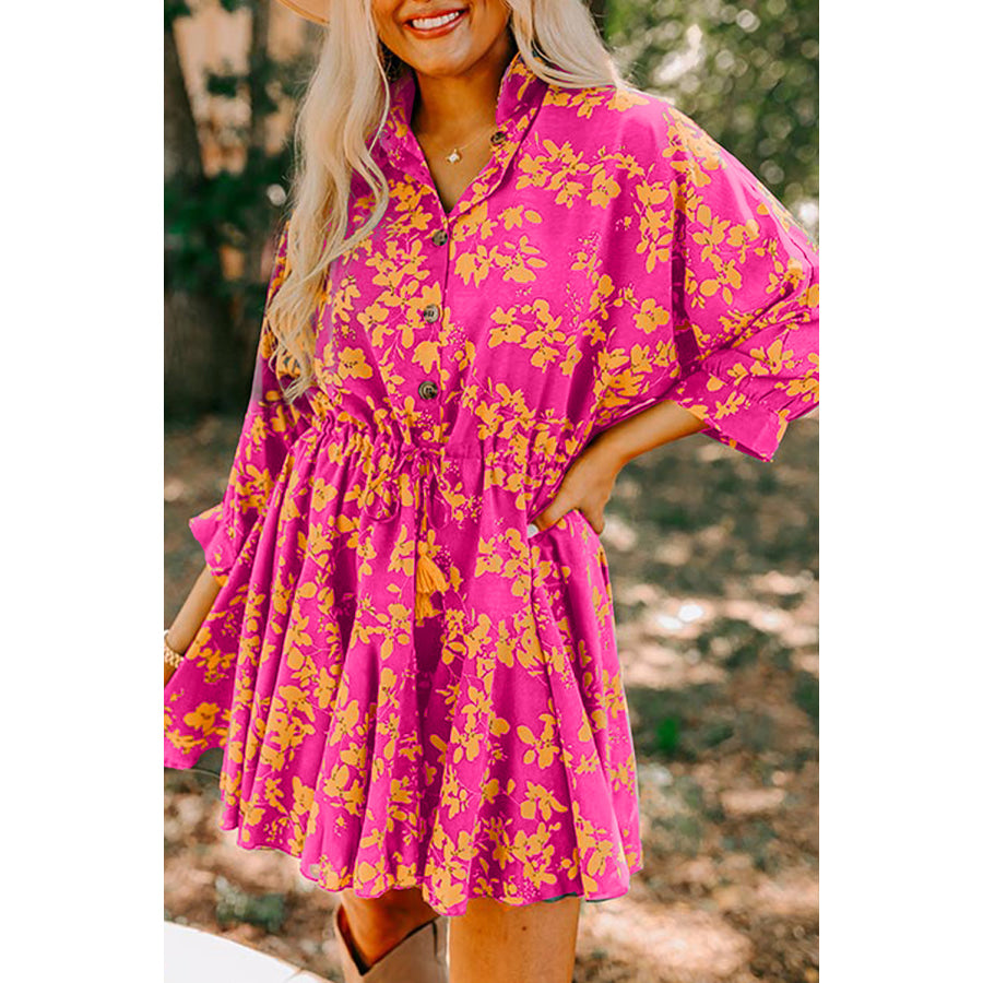 Pink Floral Print Drawstring Tunic Flowy Short Dress Pink / S / 100% Polyester Dresses/Floral Dresses