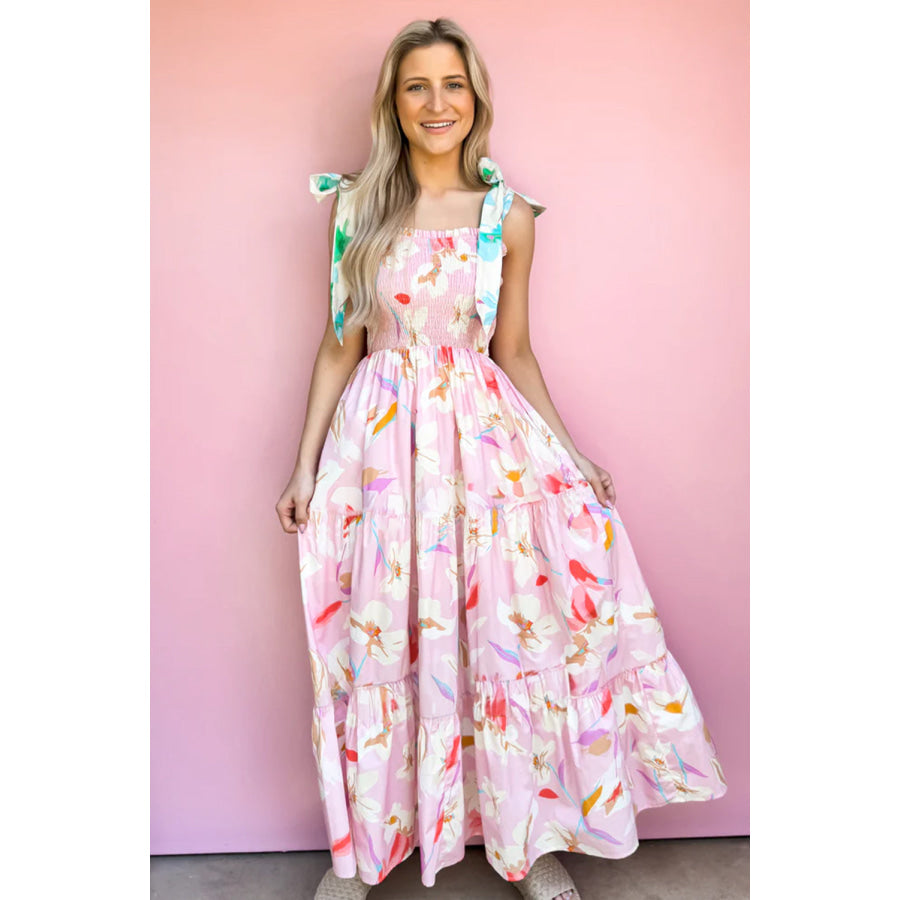 Pink Floral Print Knotted Shoulder Smocked Maxi Dress Dresses/Floral Dresses