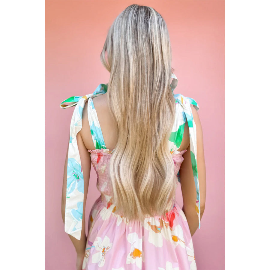 Pink Floral Print Knotted Shoulder Smocked Maxi Dress Dresses/Floral Dresses