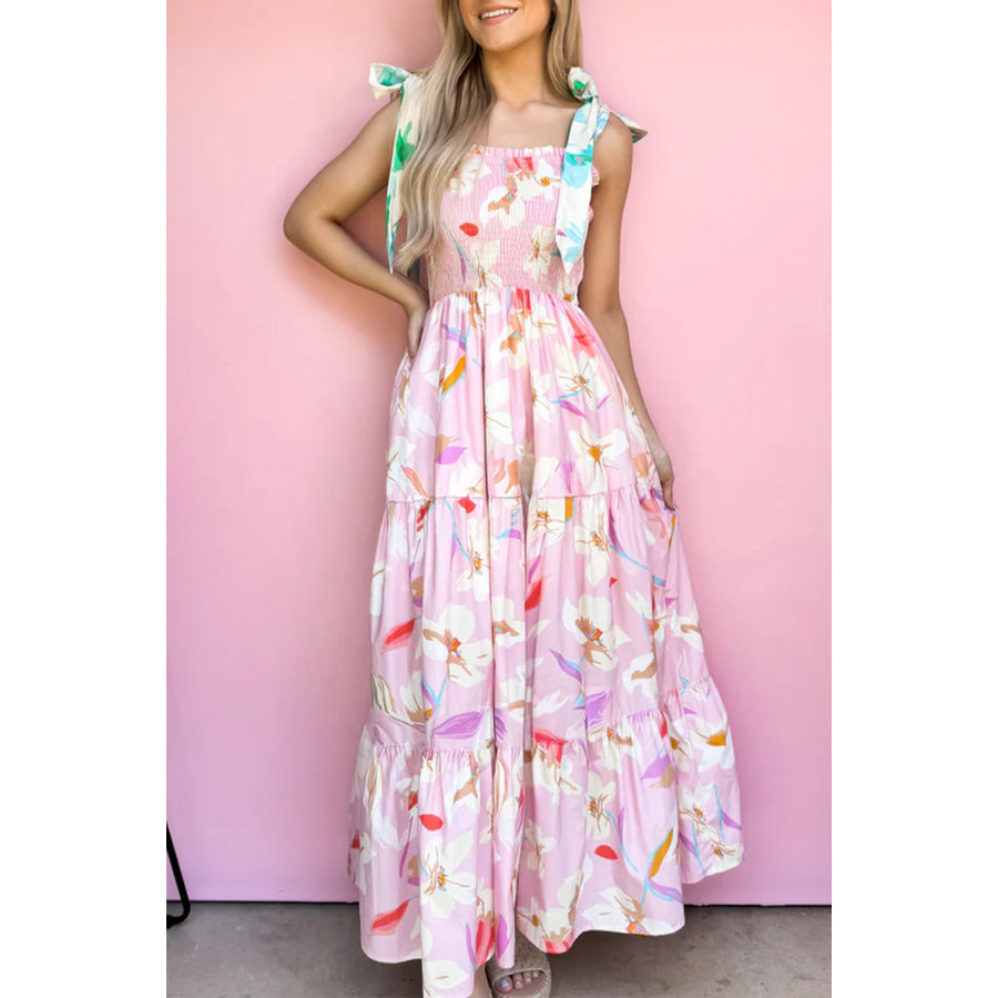 Pink Floral Print Knotted Shoulder Smocked Maxi Dress Pink / S / 100% Polyester Dresses/Floral Dresses