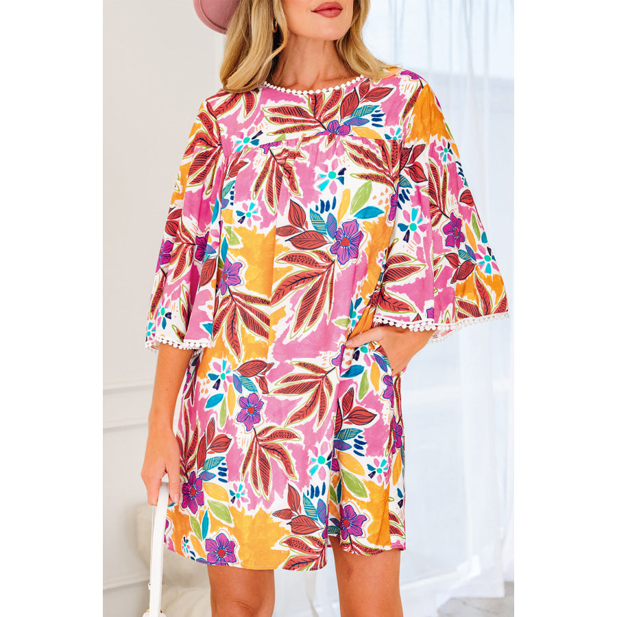 Pink Floral Print Lace Trimmed Tie Back Bell Sleeve Swing Mini Dress Dresses/Mini Dresses