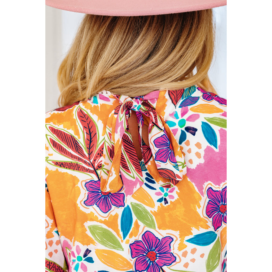 Pink Floral Print Lace Trimmed Tie Back Bell Sleeve Swing Mini Dress Dresses/Mini Dresses