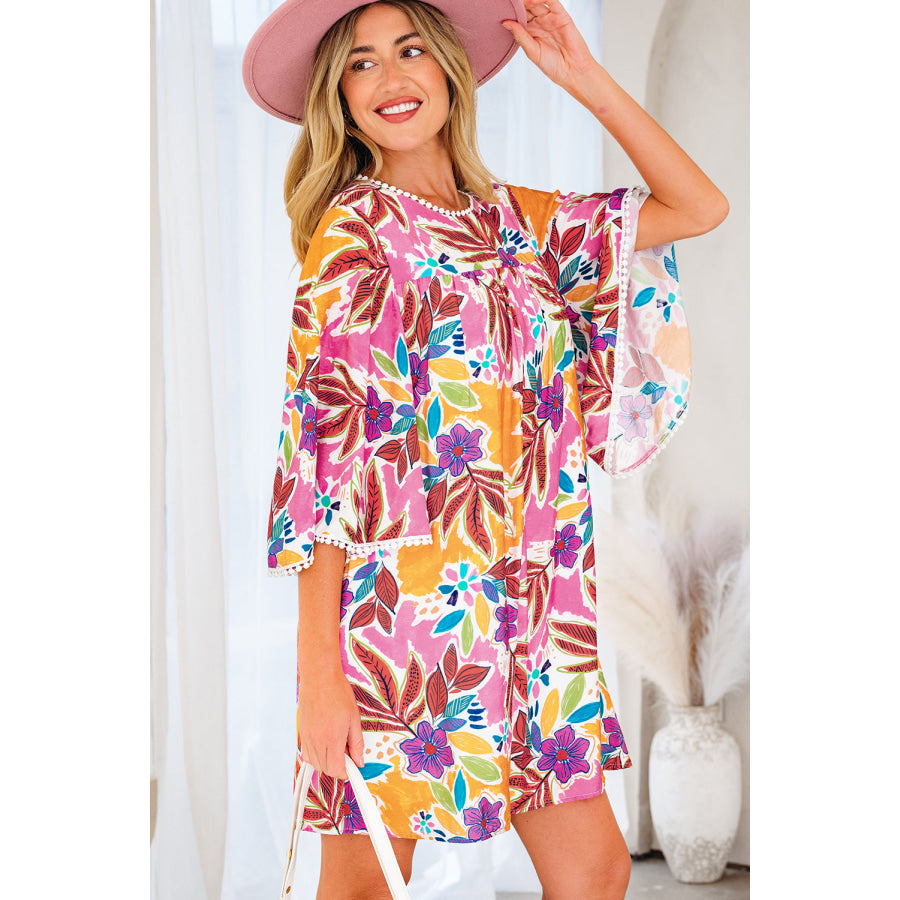 Pink Floral Print Lace Trimmed Tie Back Bell Sleeve Swing Mini Dress Dresses/Mini Dresses