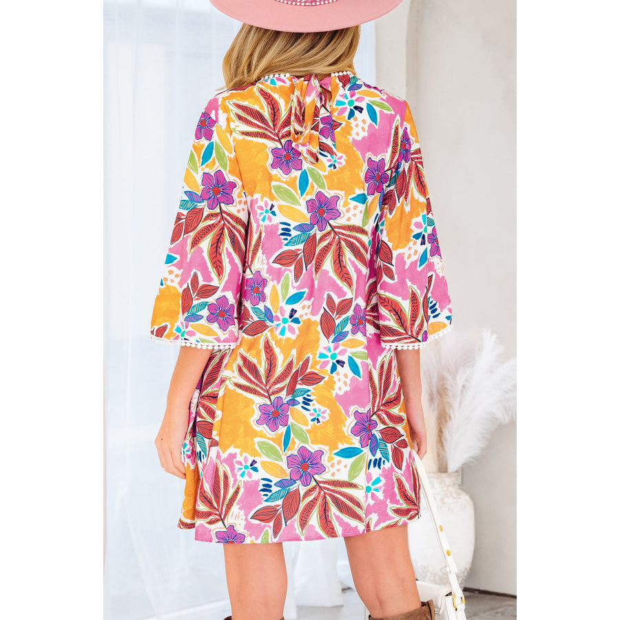 Pink Floral Print Lace Trimmed Tie Back Bell Sleeve Swing Mini Dress Dresses/Mini Dresses